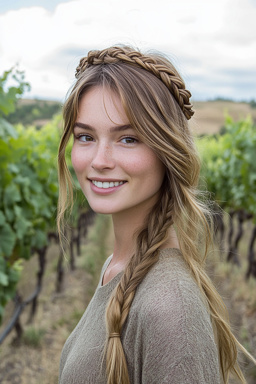 24 years old woman with a Braided Crown, make a photosession in a  romantic vineyard