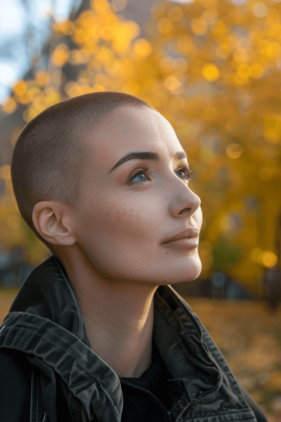 26 years old woman with a Buzz Cut Boldness, make a photosession in a fall park.