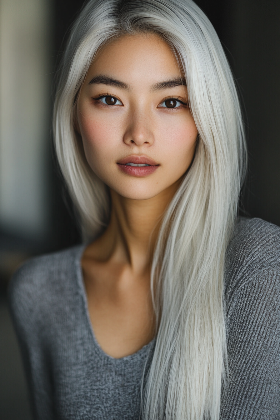 28 years old woman with a White-Blonde Straight Haircut, make a photosession in a house.