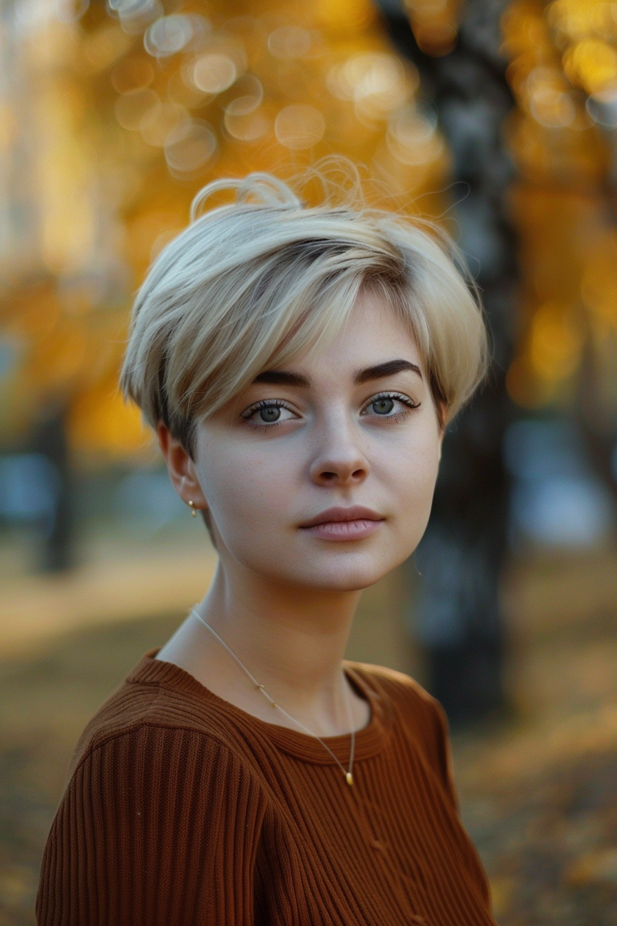 26 years old woman with a Classic Pixie-Bob Hybrid, make a photosession in a fall park.