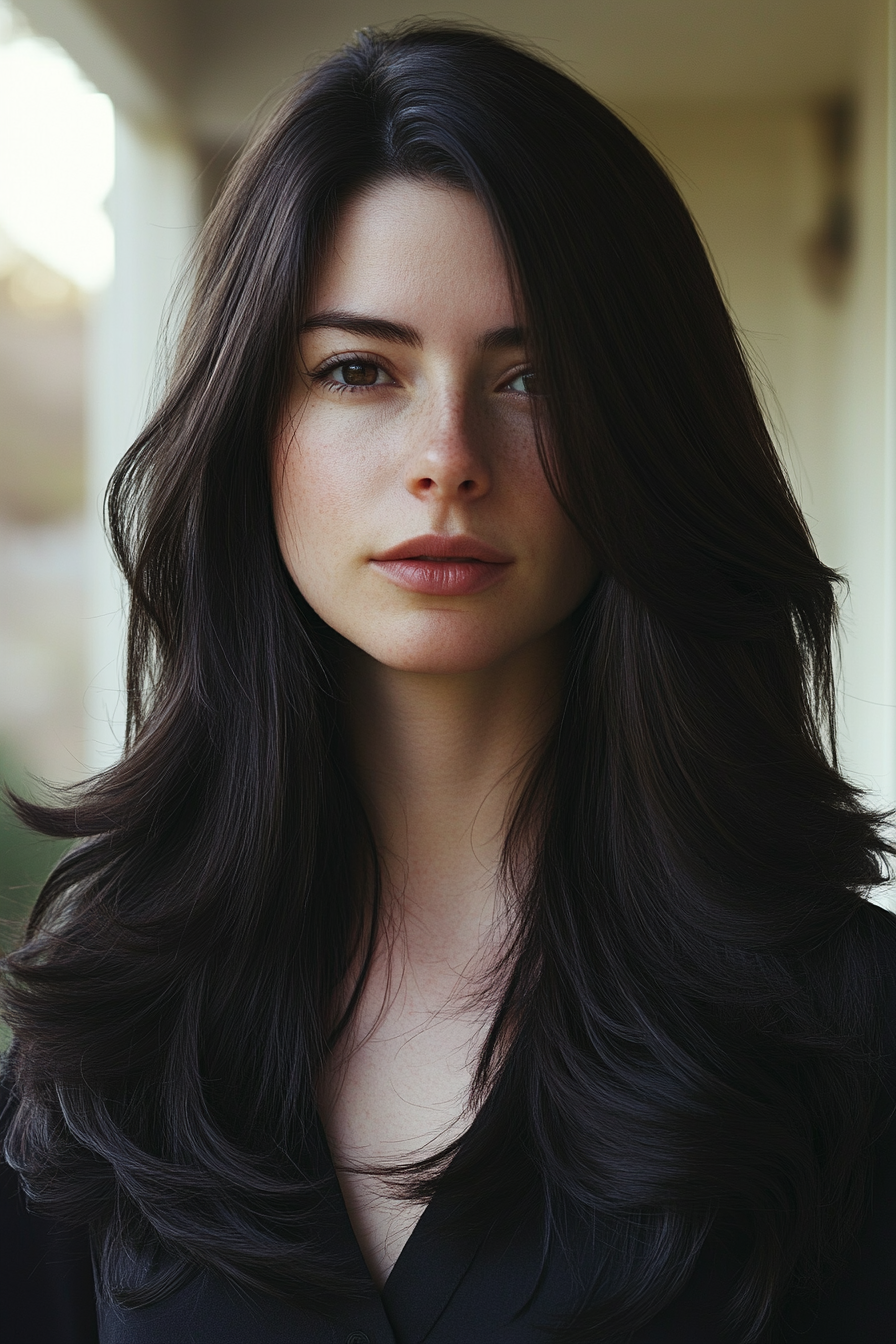 29 years old woman with a Gentle Feathered Layers, make a photosession in a casual house.