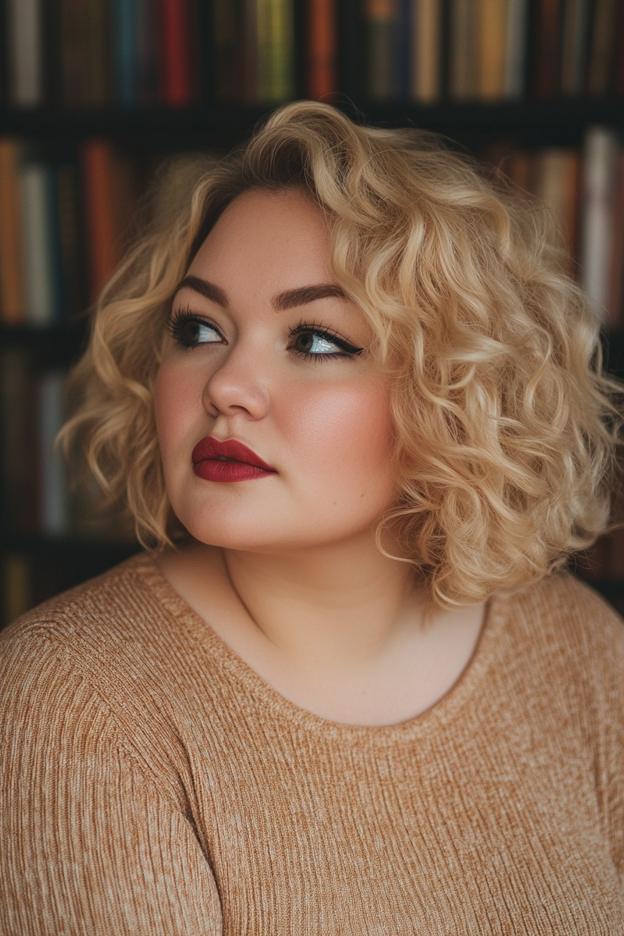 27 years old woman with a Curly Bob, make a photosession in a public library.