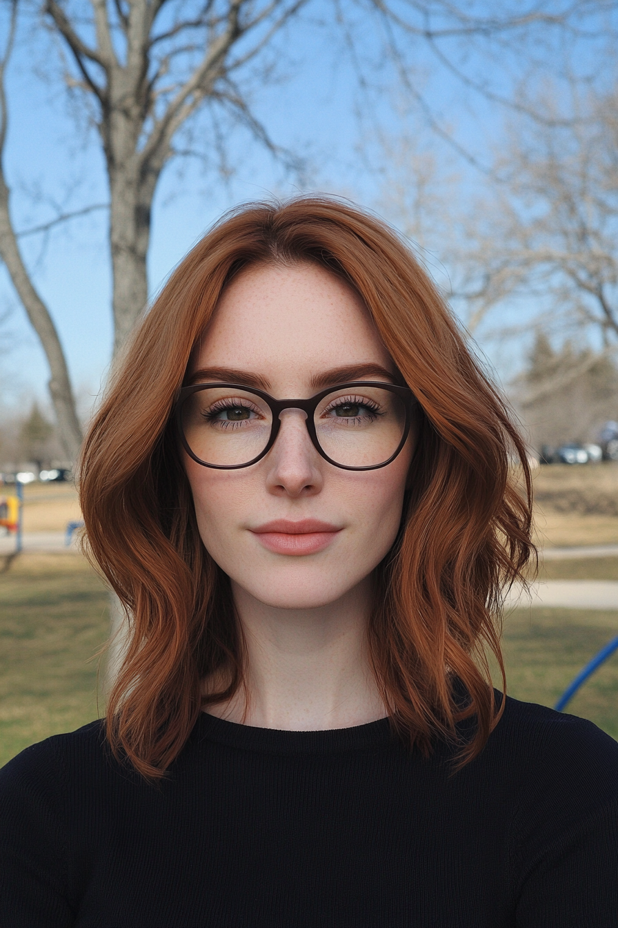 34 years old woman with a Razor Cut Shag, make a photosession in a Small local park.