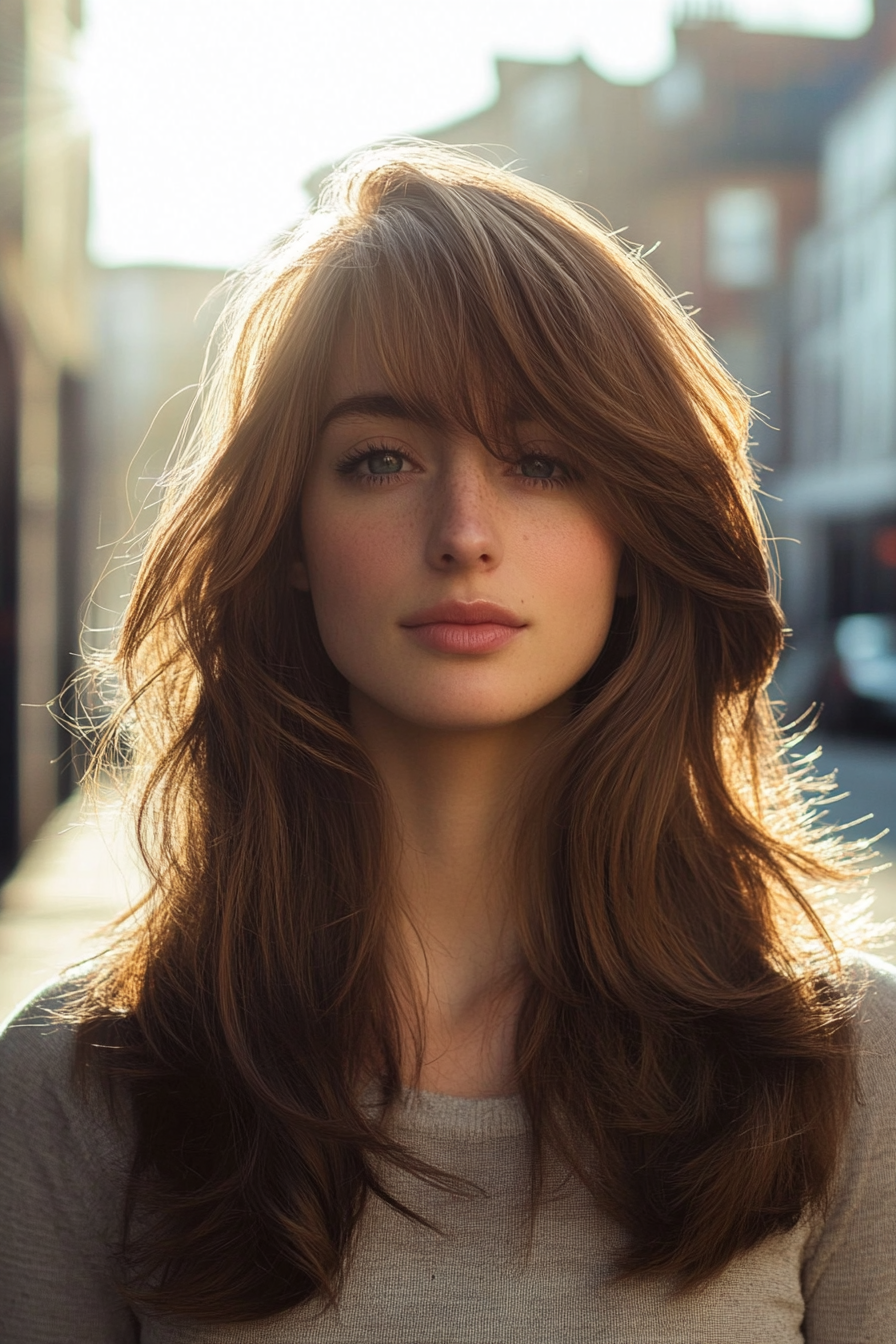 28 years old woman with a Side Bangs for Long Layered Haircuts, make a photosession in a casual street.