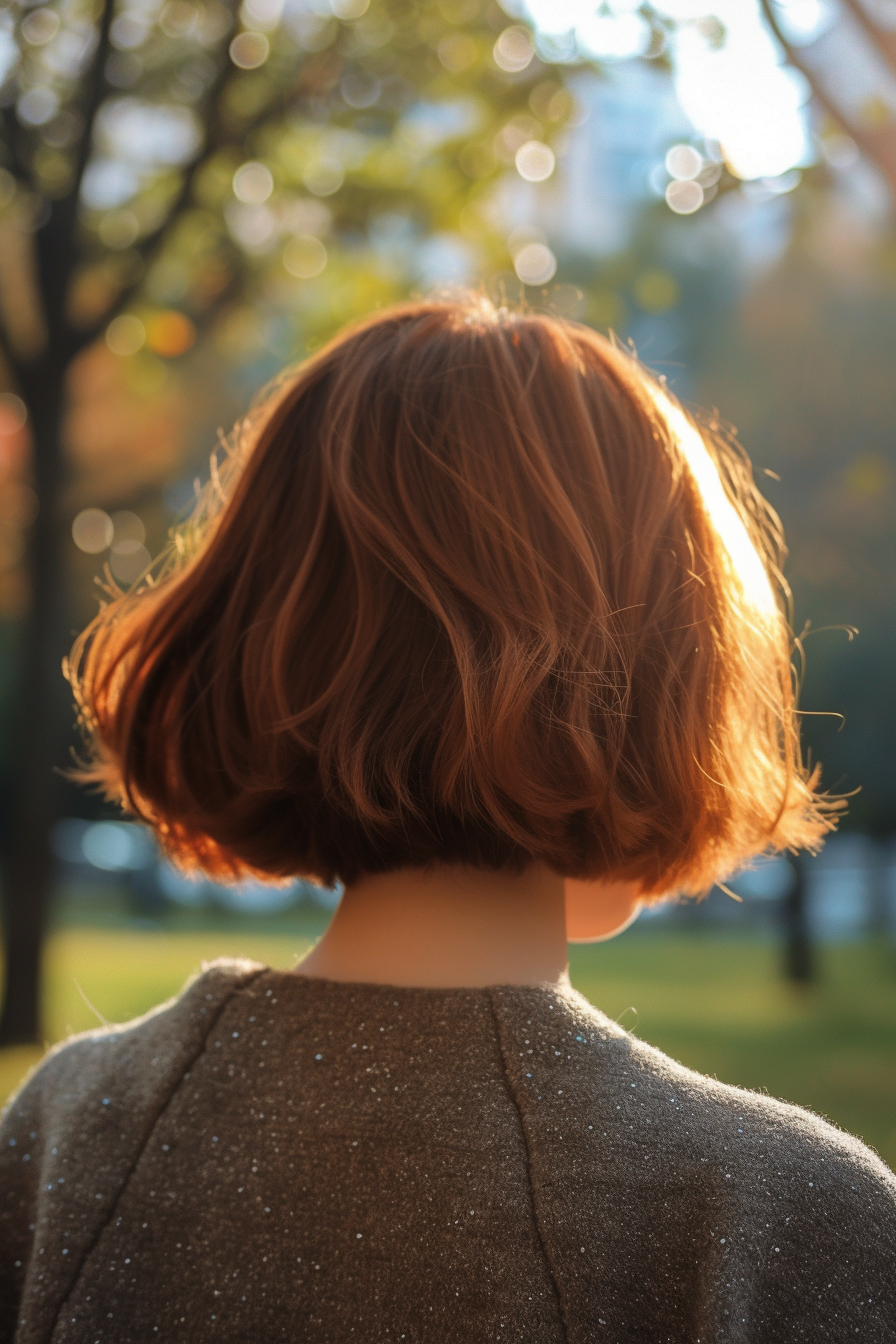 25 years old woman with a Textured Bob with Bangs, make a photosession in a park.