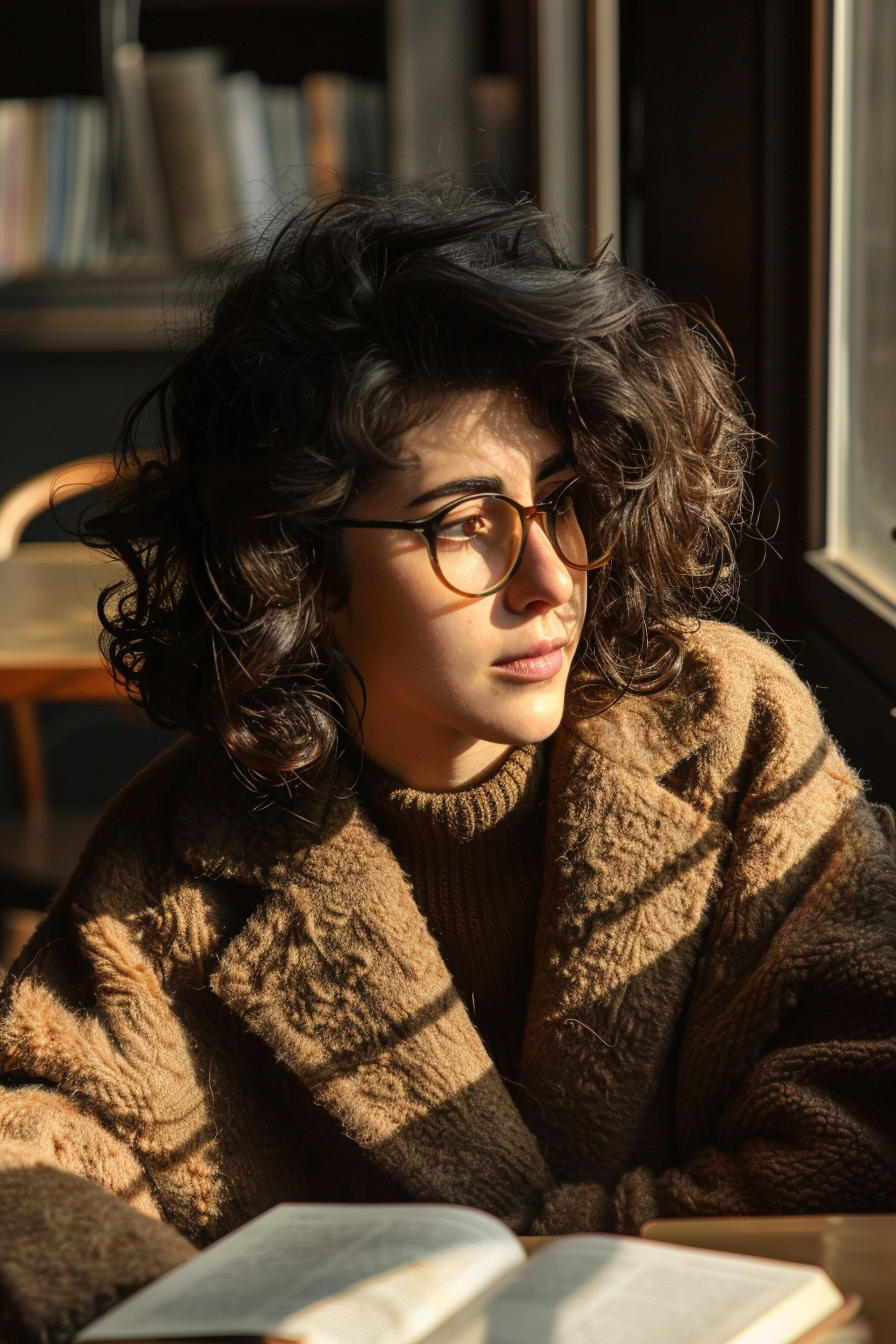 29 years old woman with a Shag for Natural Hair, make a photosession in a library.