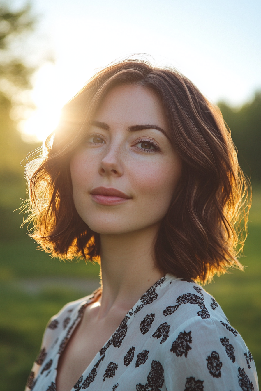 32 years old woman with a Classic Layered Bob, make a photosession in a simple park setting with green trees and a clear blue sky.