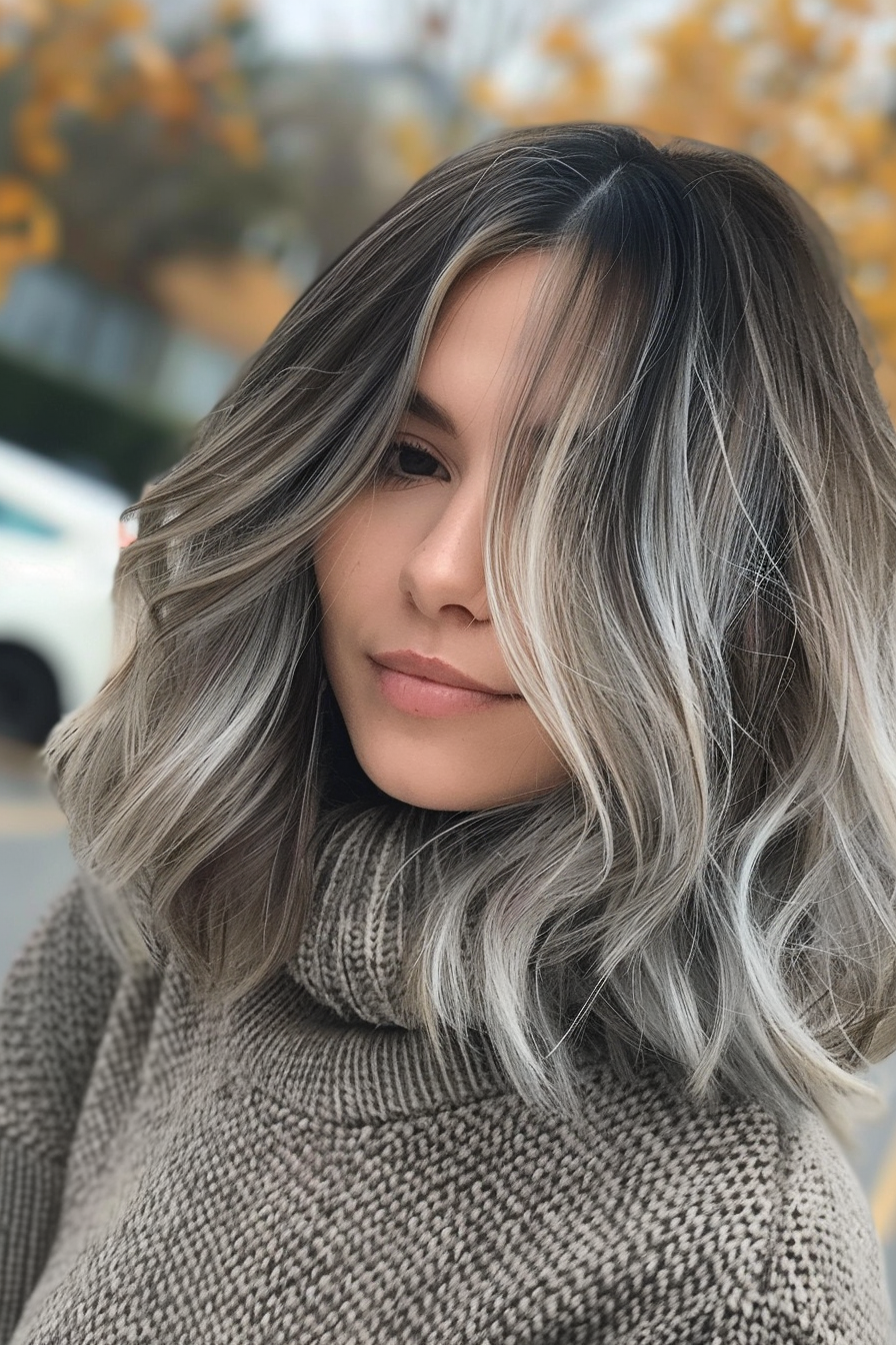 26 years old woman with a Salt and Pepper with Shadow Roots, make a photosession in a fall park.