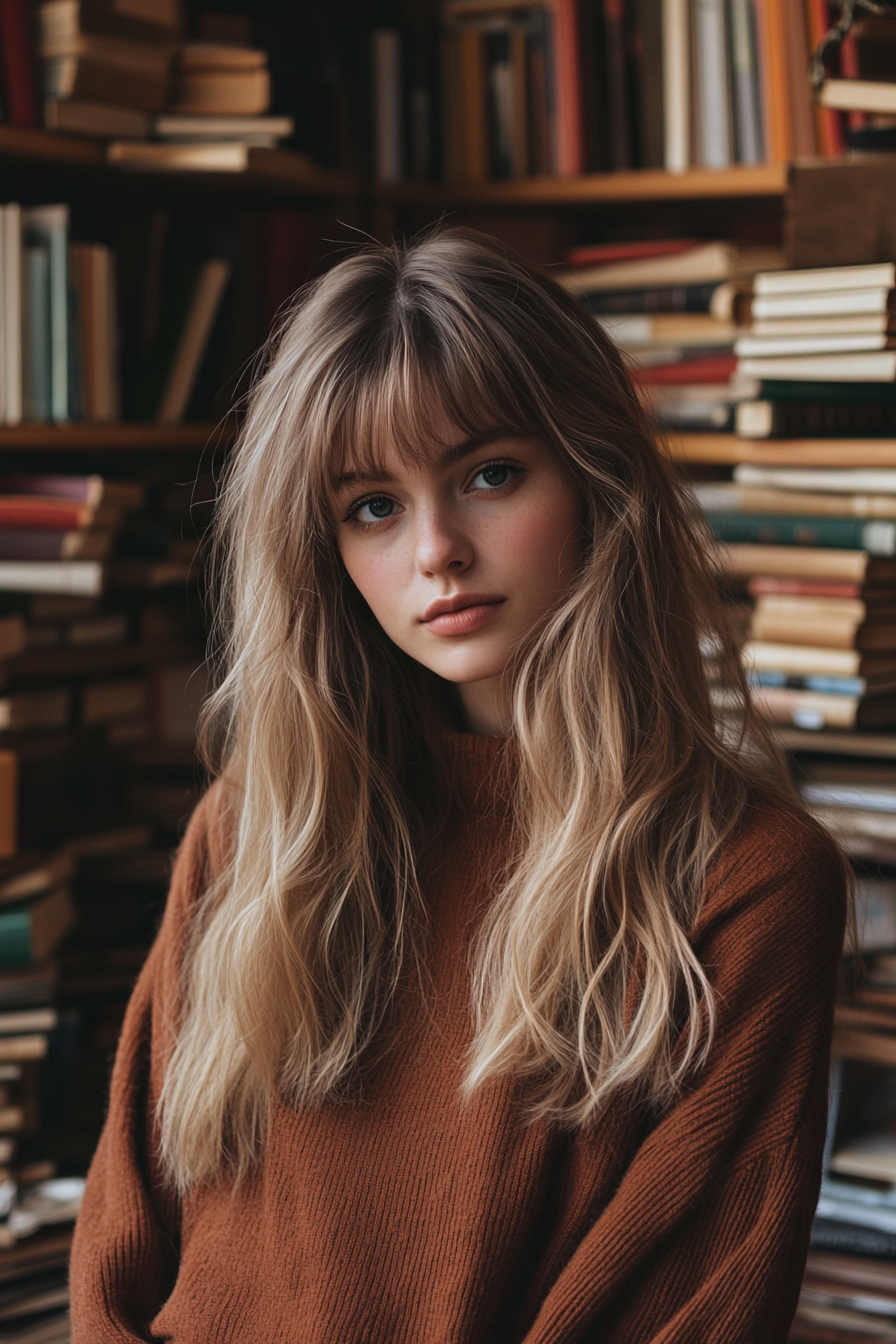 27 years old woman with a  Rooted Curtain Bangs, make a photosession in a old-world bookstore.