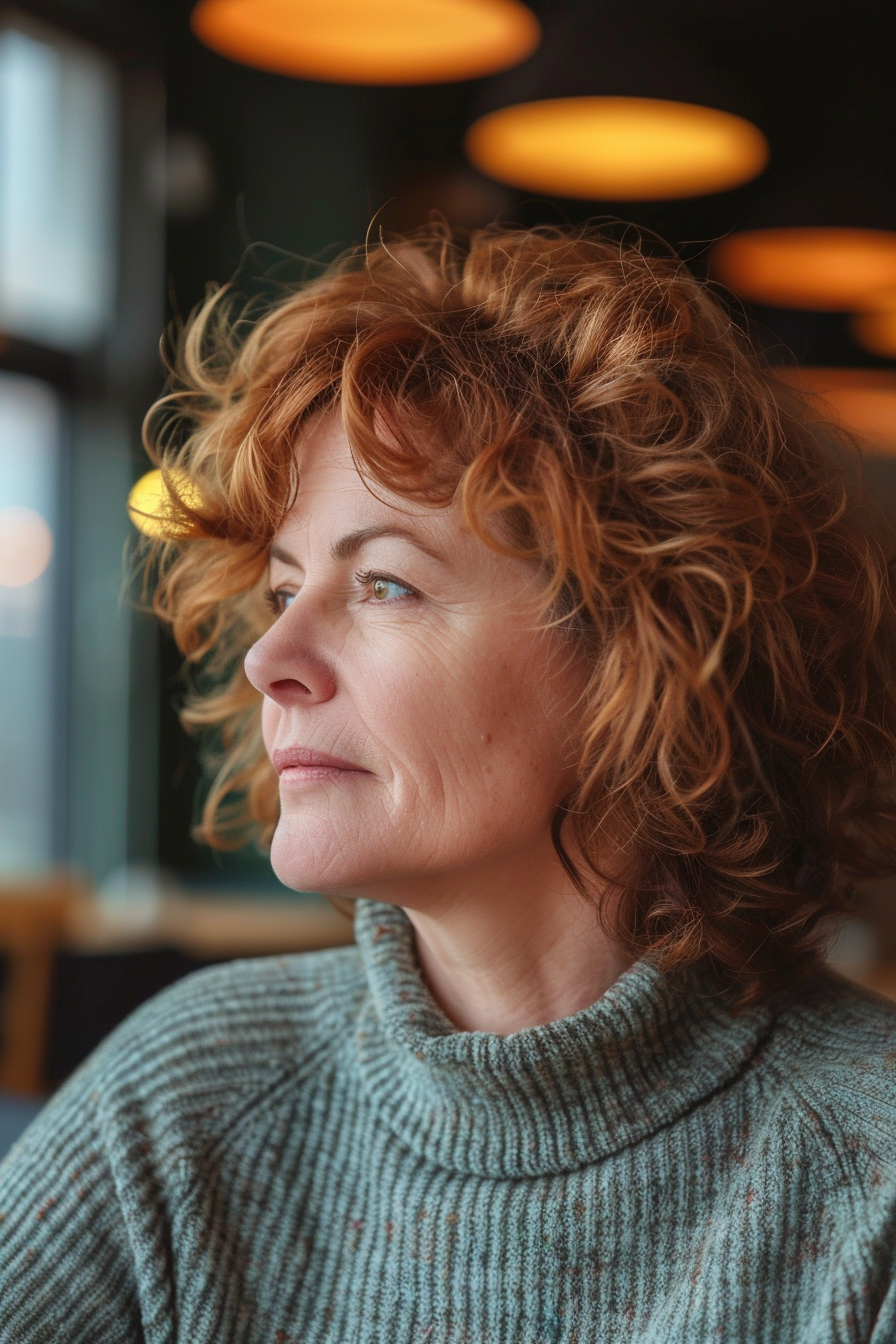 50 years old woman with a Short Curly Layers, make a photosession in a cafe.