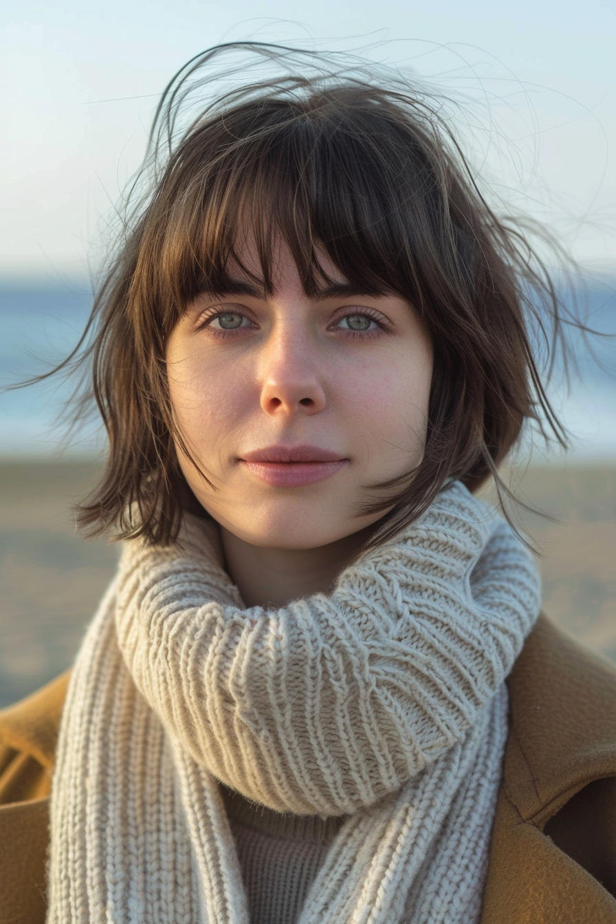 29 years old woman with a Short With Bangs Combo , make a photosession in a shore by the sea