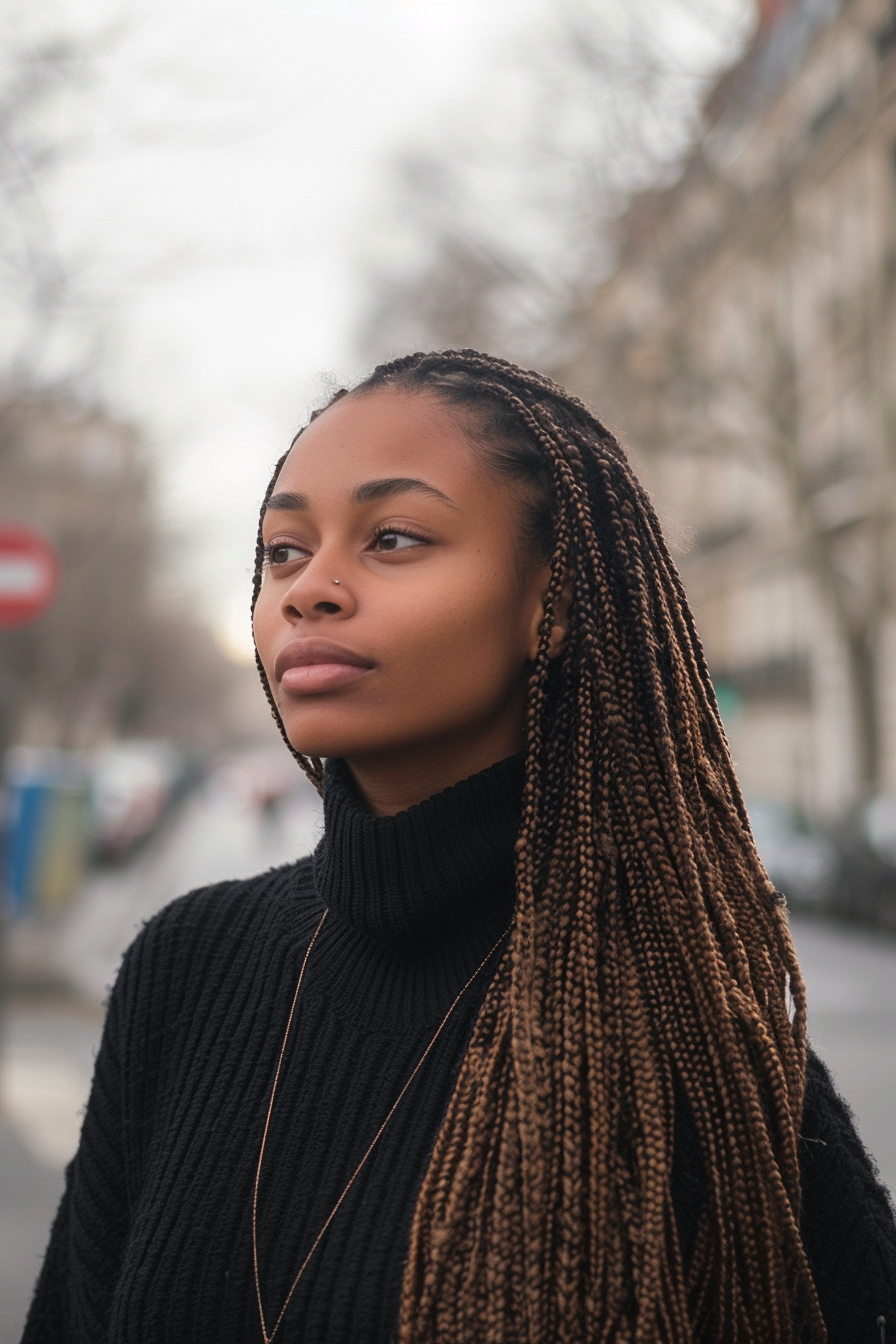 35 years old black woman, with Lemonade Braids Black Women’s Braids Hairstyle, make a photosession in a street.